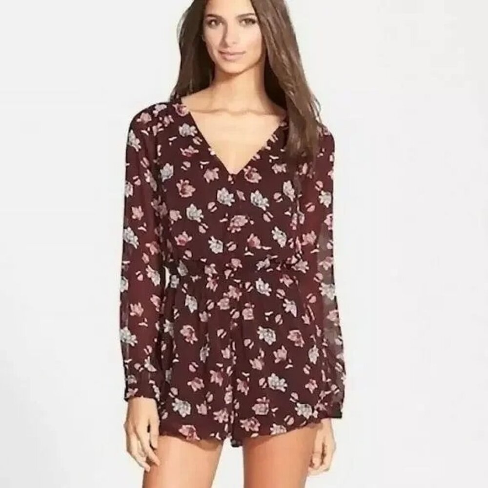 Astr Long Sleeve Burgundy Floral Print Romper